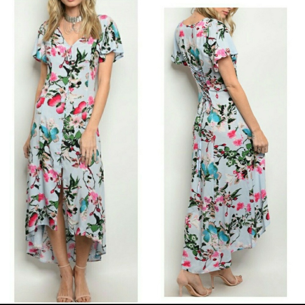 NEW Blue Pink Butterfly Maxi Dress Lace Back S M L